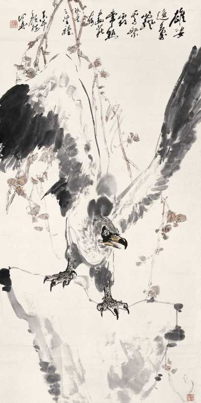 颜梅华 戊辰（1988年）作 鹰 立轴